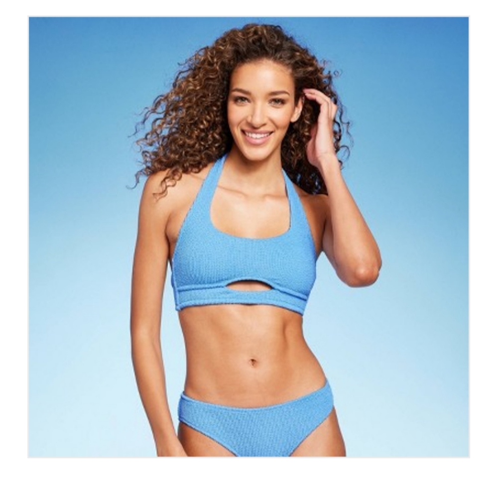 Women's Cut Out Halter Bralette Bikini Top - Shade & Shore Blue Size Medium